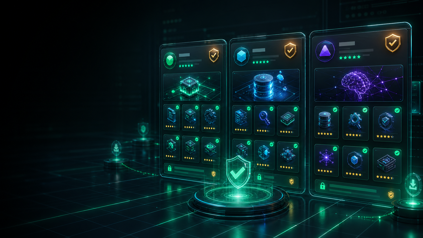 Verified AI agent seller storefront panels with product shelves, scan checkmarks, ratings, and protected download indicators